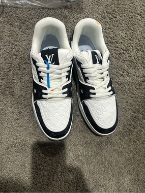 Louis Vuitton Black & White Monogram Low-Top Sneakers with Blue Accent
